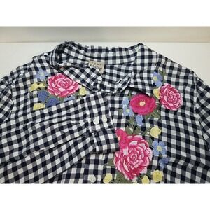 Como Vintage Shirt Womens L Large Black White Plaid Button Floral Embroidered